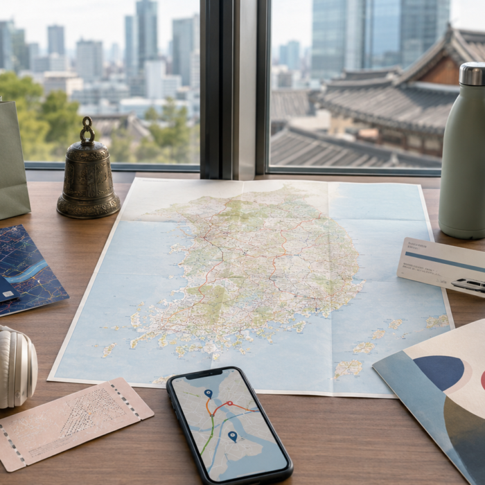 South Korea travel-planning desk with objects representing shopping, nightlife, K-pop, temples, sustainable travel, art and wellness.