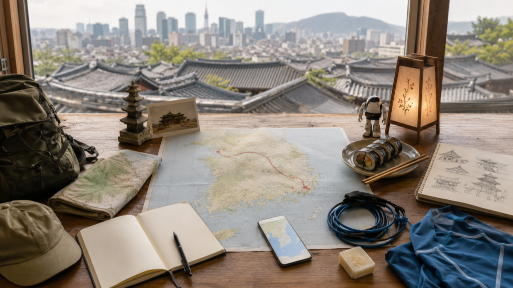South Korea travel-planning desk with objects representing itineraries, food, festivals, hiking, history, architecture, technology and surfing
