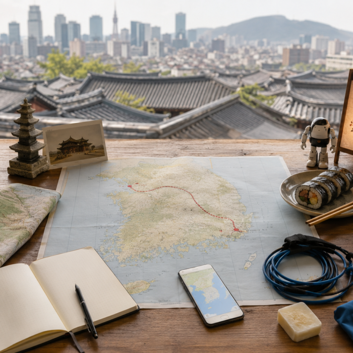 South Korea travel-planning desk with objects representing itineraries, food, festivals, hiking, history, architecture, technology and surfing