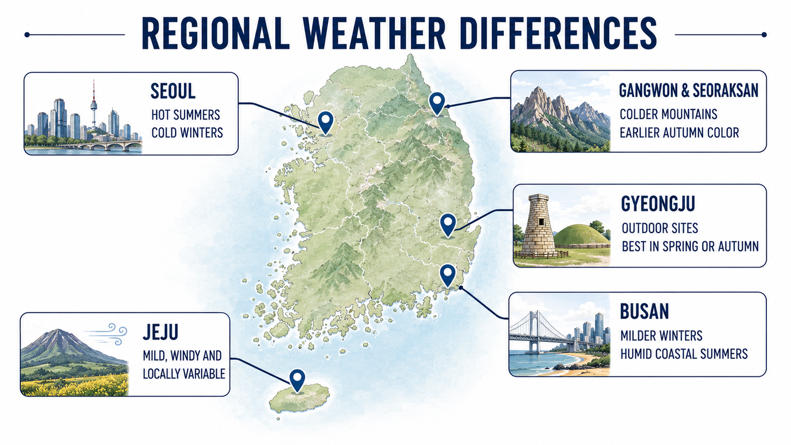Regional weather differences between Seoul, Busan, Jeju, Gyeongju and Gangwon
