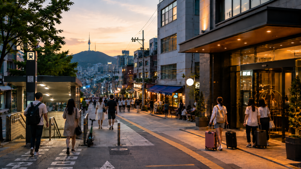 Lively Seoul neighbourhood with pedestrians, cafés, hotels and subway entrance