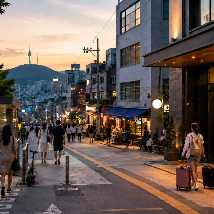 Lively Seoul neighbourhood with pedestrians, cafés, hotels and subway entrance