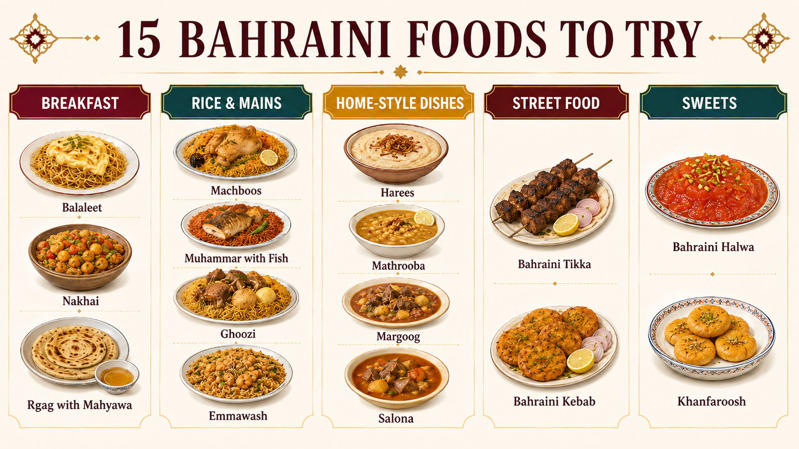 Infographic showing 15 traditional Bahraini dishes grouped by food type