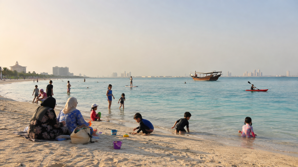 Families and travellers enjoying a sandy beach on Bahrain’s Arabian Gulf coast