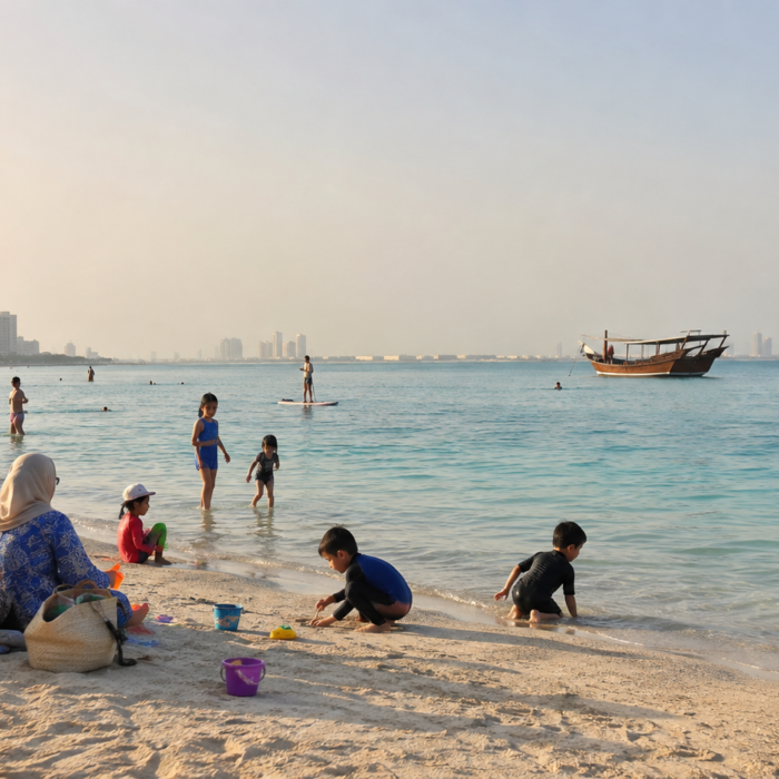 Families and travellers enjoying a sandy beach on Bahrain’s Arabian Gulf coast