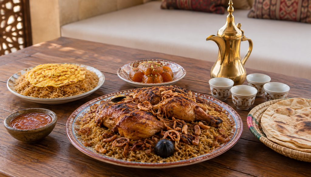 Traditional Bahraini food including chicken machboos, balaleet, halwa and Arabic coffee