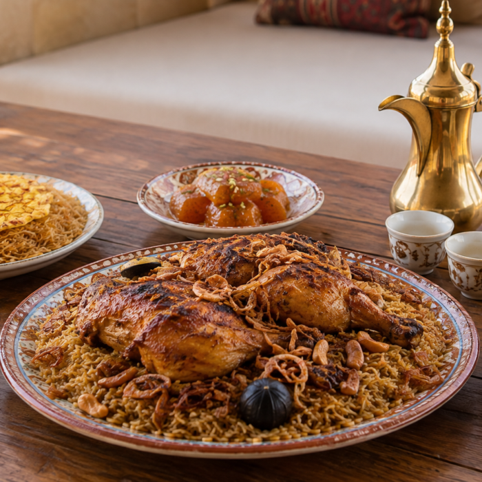 Traditional Bahraini food including chicken machboos, balaleet, halwa and Arabic coffee