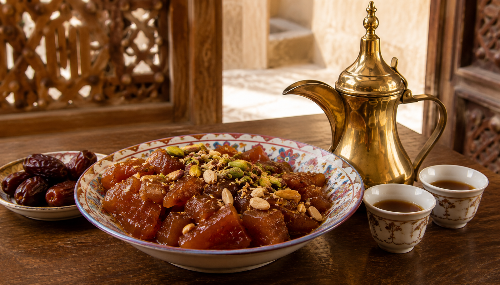 Bahraini halwa with saffron, nuts and traditional Arabic coffee
