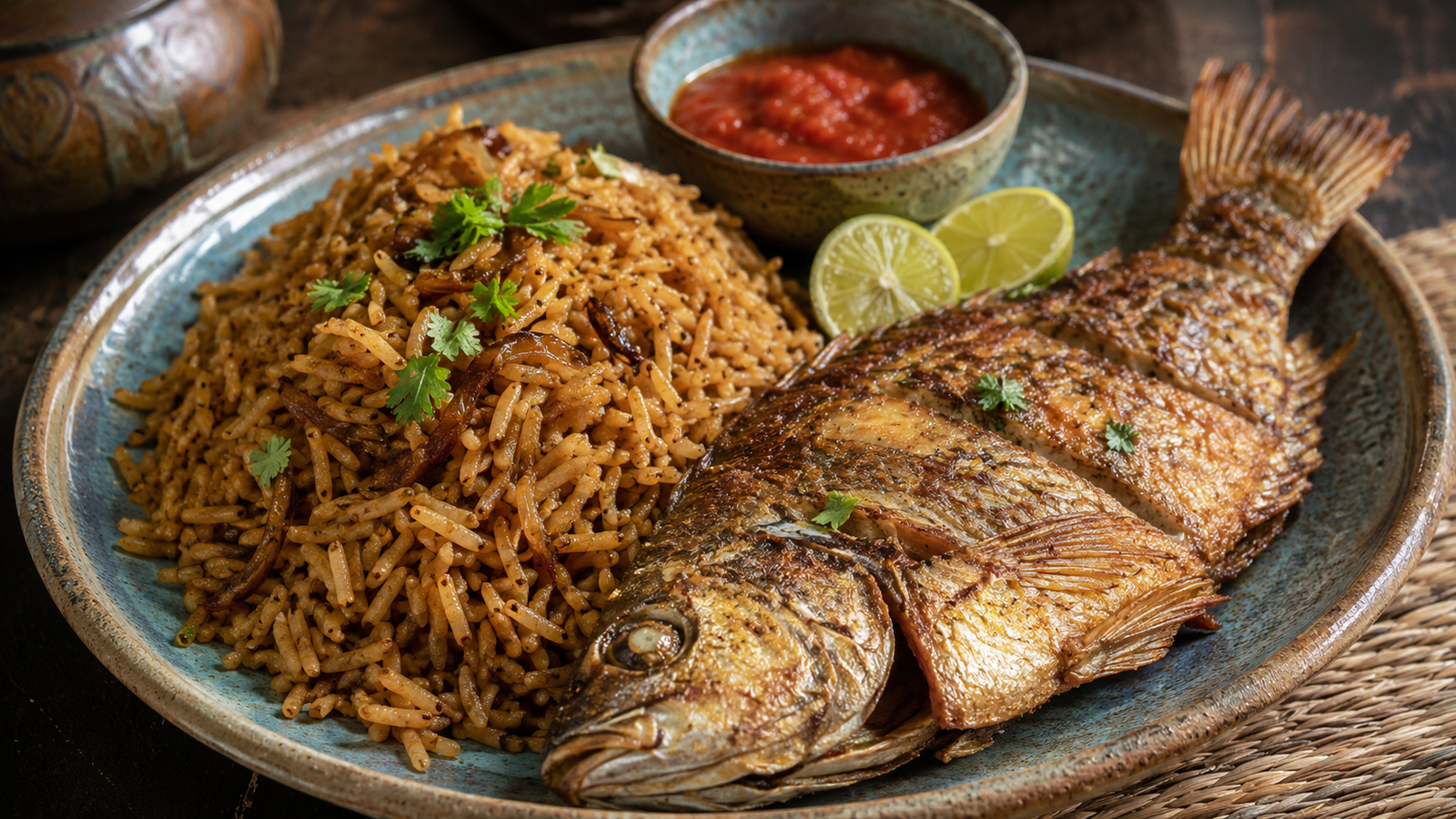 Bahraini muhammar sweet rice served with fried local fish and daqoos