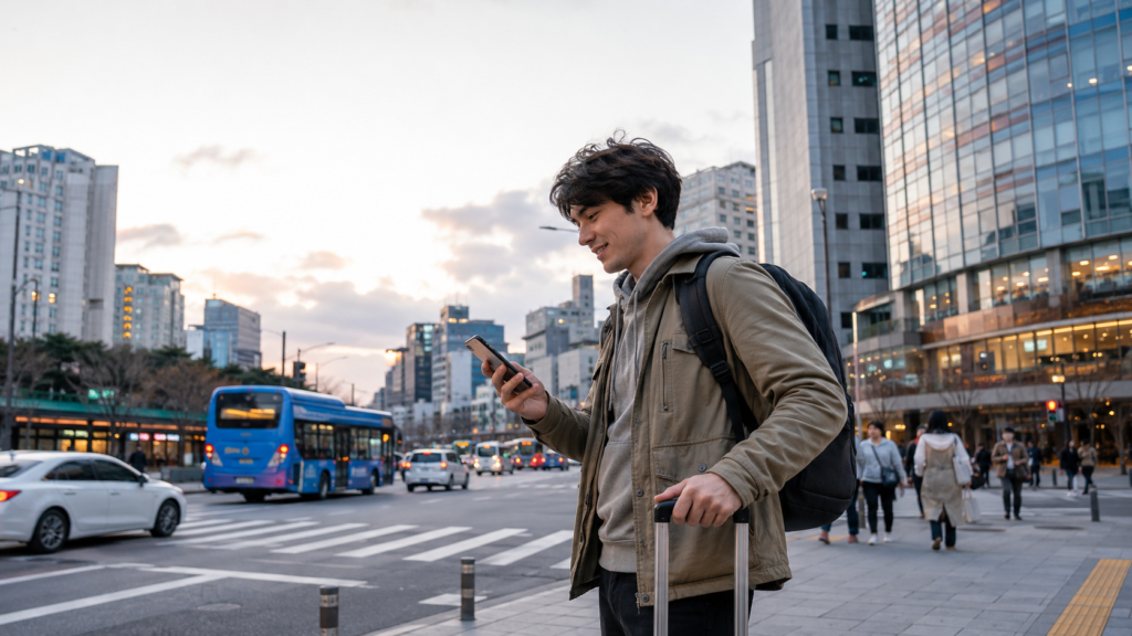 Tourist using a Korea eSIM for navigation in Seoul