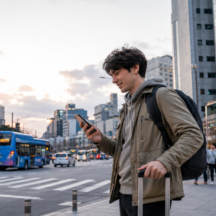 Tourist using a Korea eSIM for navigation in Seoul