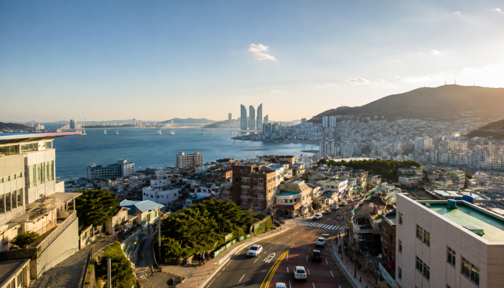Coastal cityscape of Busan at the end of a journey from Seoul
