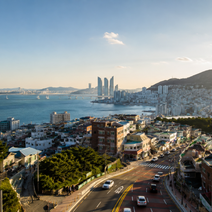 Coastal cityscape of Busan at the end of a journey from Seoul