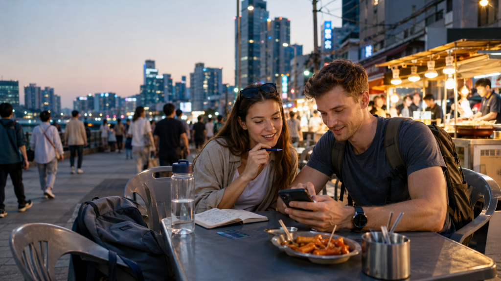 Travellers planning their South Korea trip budget in Seoul