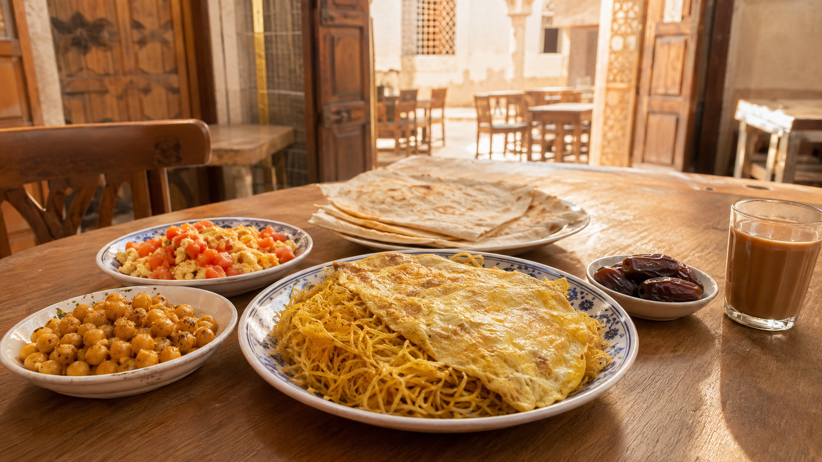 Traditional Bahraini breakfast with balaleet, nakhai, eggs, rgag bread and karak tea