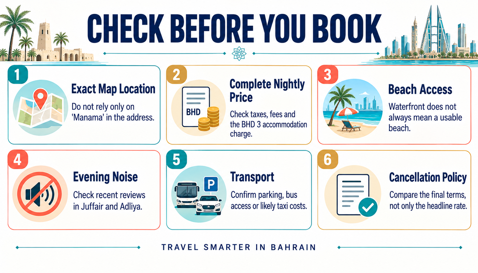 Checklist for booking a hotel or resort in Bahrain.
