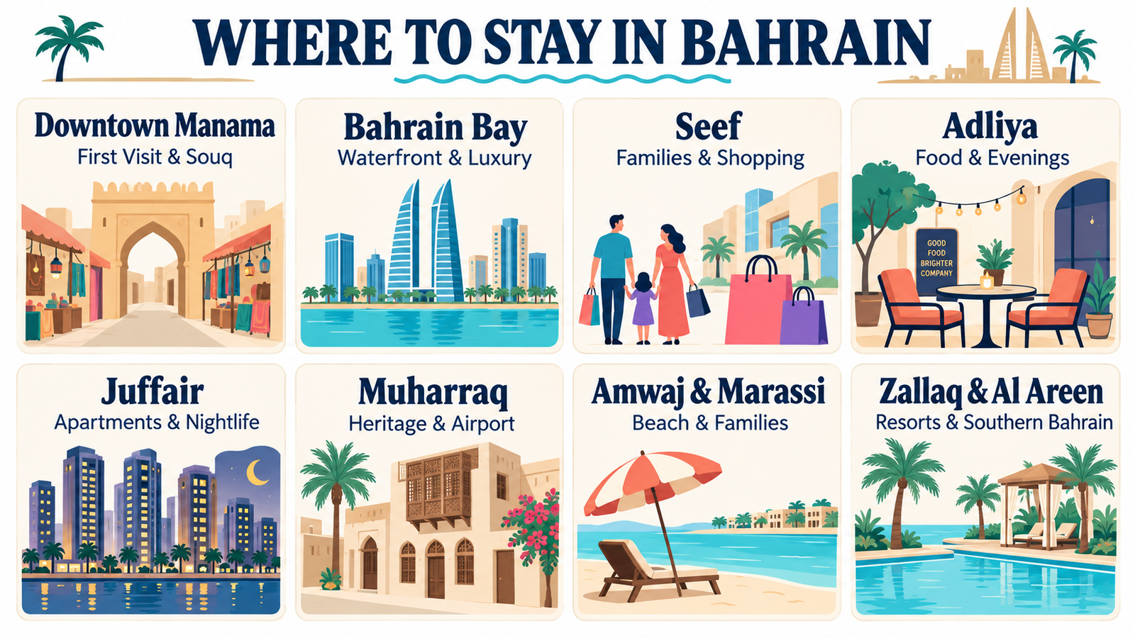 Best areas to stay in Bahrain compared by travel style.