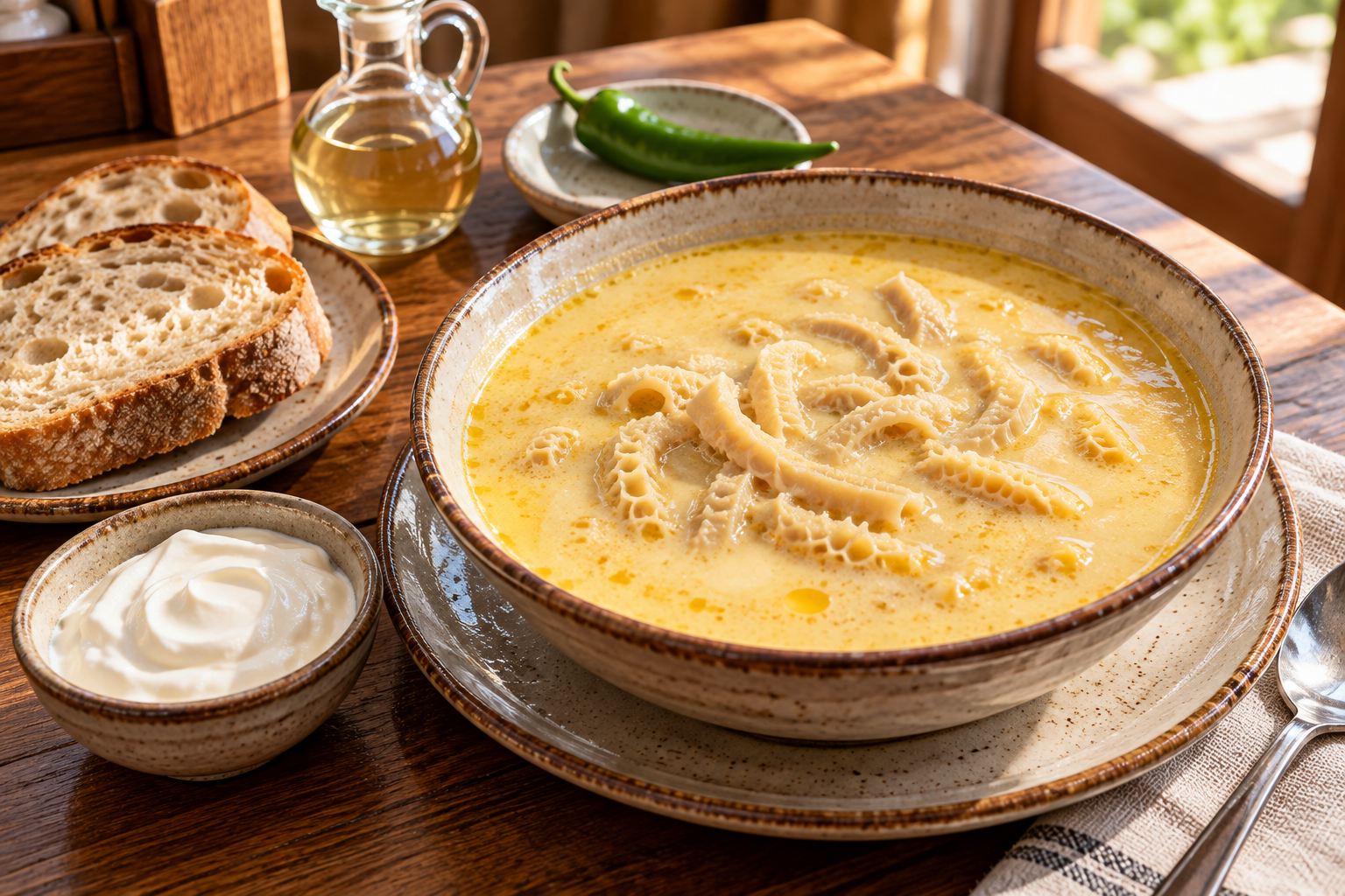 Illustration of Romanian ciorbă de burtă with tripe strips, bread and condiments served separately.