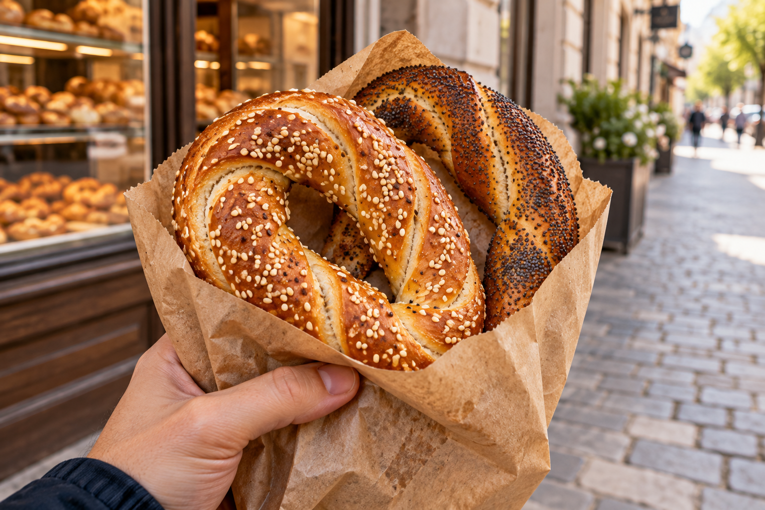 Illustration of sesame and poppy-seed covrigi in a paper bag outside a bakery.