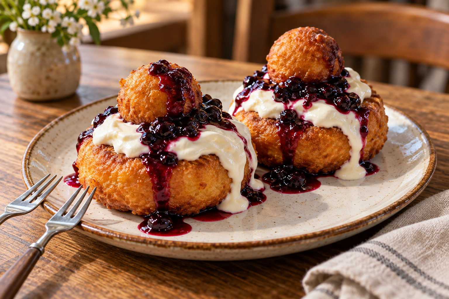 Illustration of Romanian papanași topped with sour cream and berry preserve.