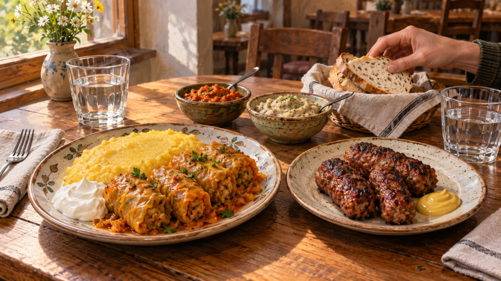 Traditional Romanian food illustration with sarmale, mici, polenta and vegetable spreads on a shared table.