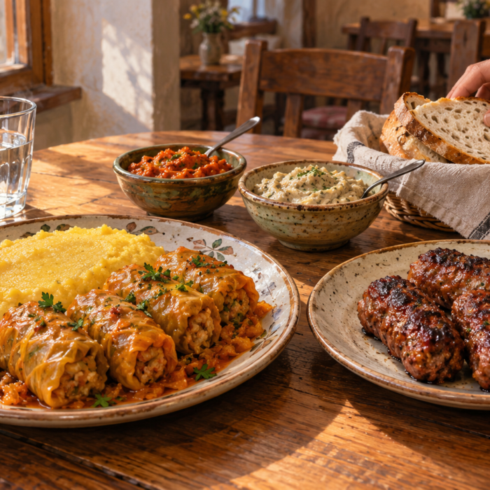 Traditional Romanian food illustration with sarmale, mici, polenta and vegetable spreads on a shared table.