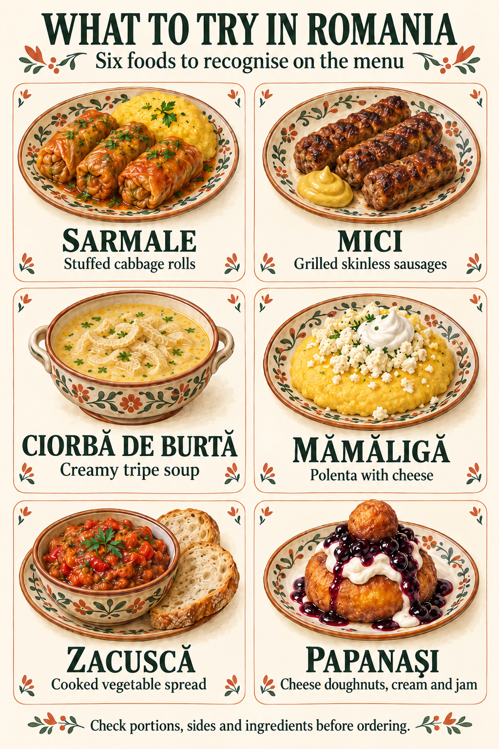 Six Romanian foods to recognise on a menu: sarmale, mici, ciorbă de burtă, mămăligă, zacuscă and papanași.