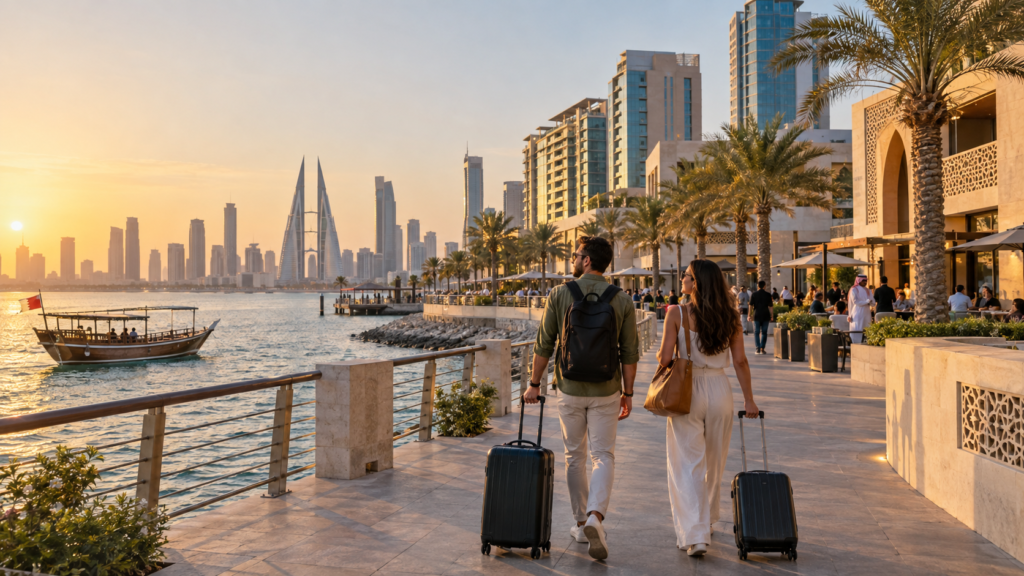 Travelers deciding where to stay in Bahrain near the Manama waterfront.