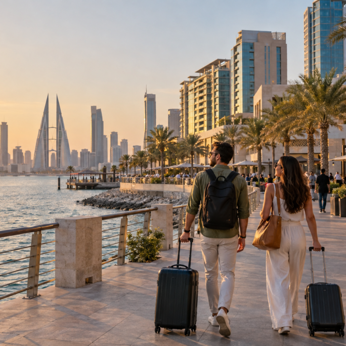 Travelers deciding where to stay in Bahrain near the Manama waterfront.