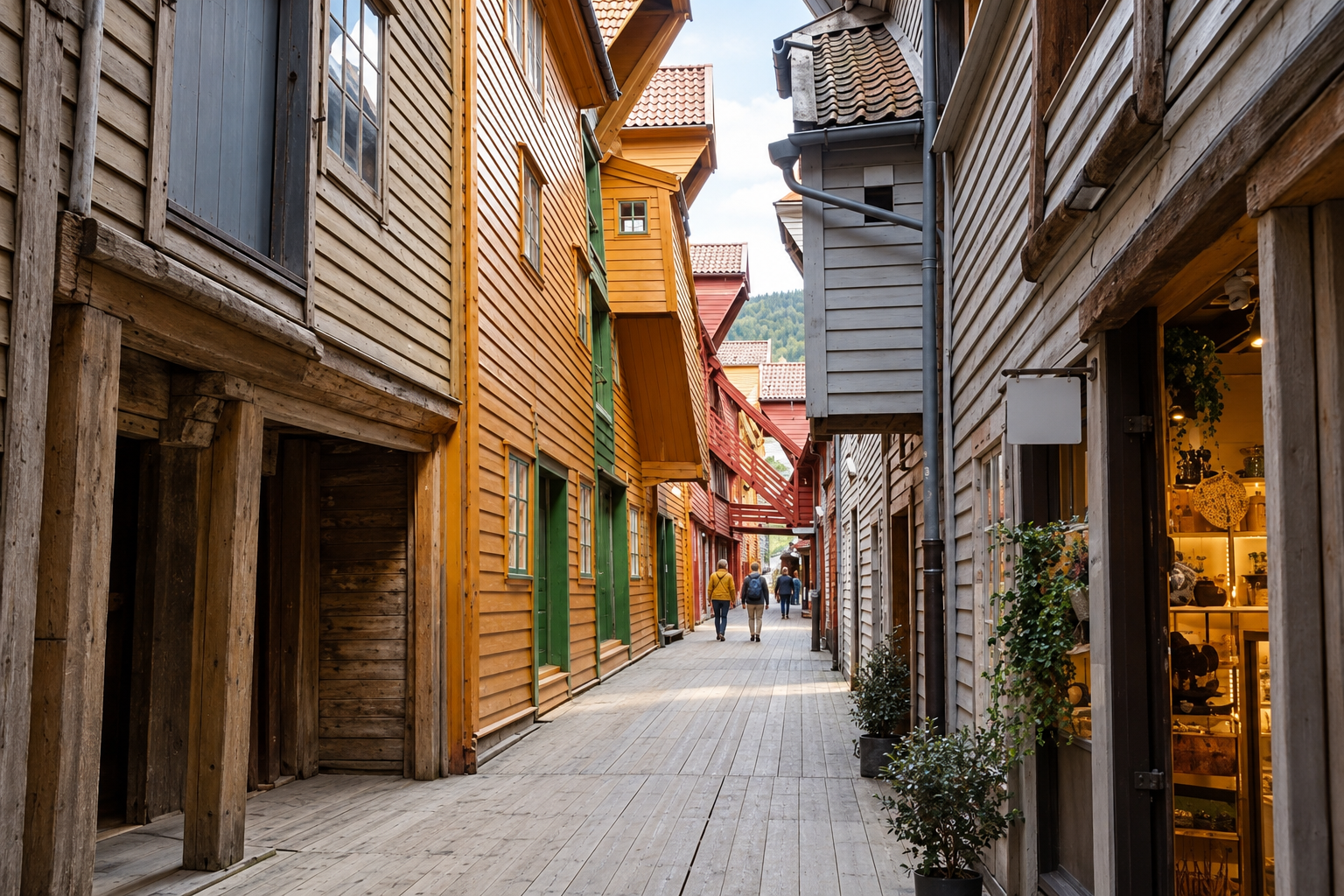 Narrow wooden passage between historic buildings at Bryggen in Bergen