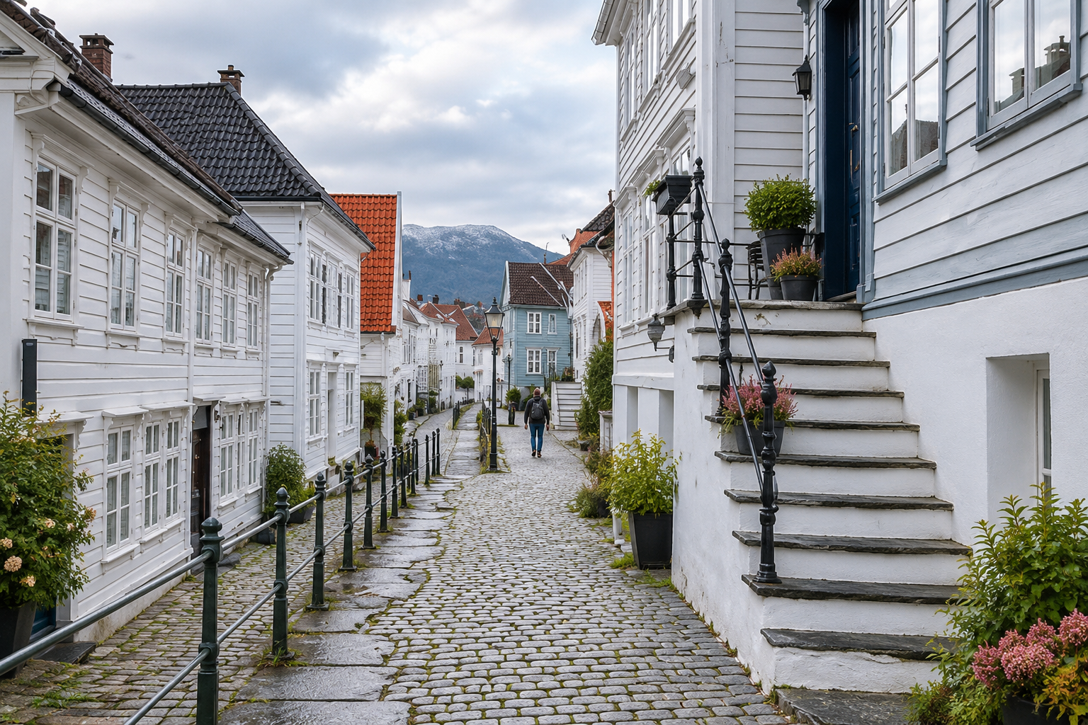 Wooden houses lining a quiet street in Nordnes, Bergen