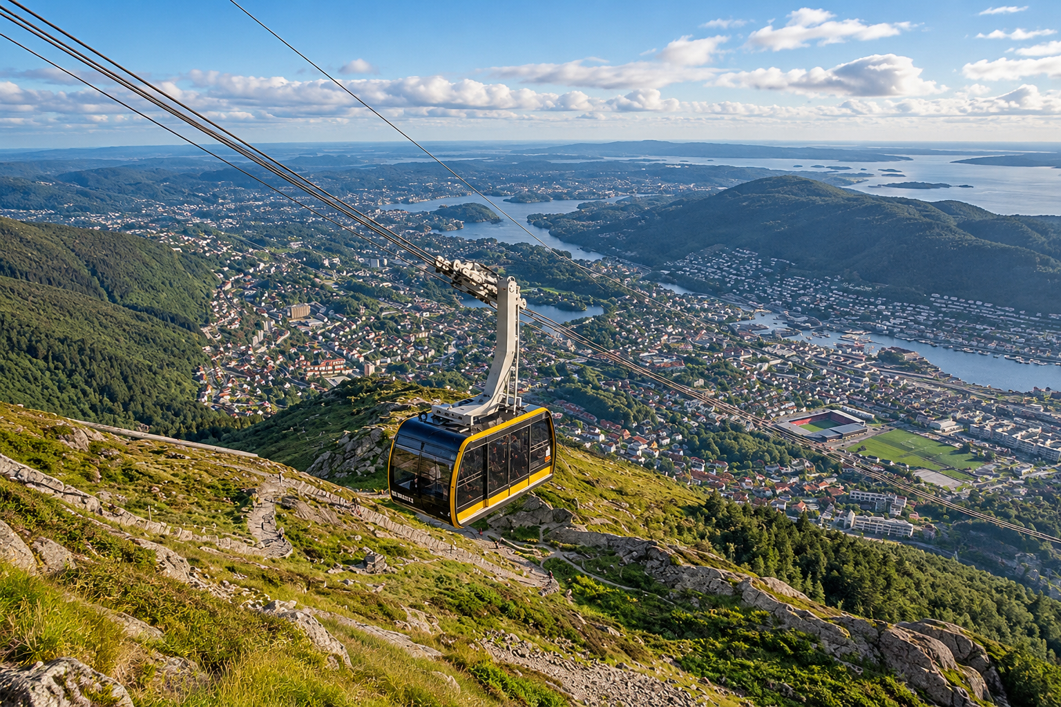 Ulriken cable car above the mountain slopes overlooking Bergen