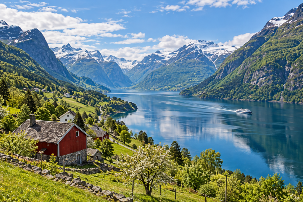 Summer fjord scenery with snowy mountain peaks, illustrating the best time to visit Norway