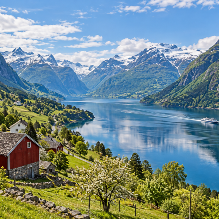 Summer fjord scenery with snowy mountain peaks, illustrating the best time to visit Norway
