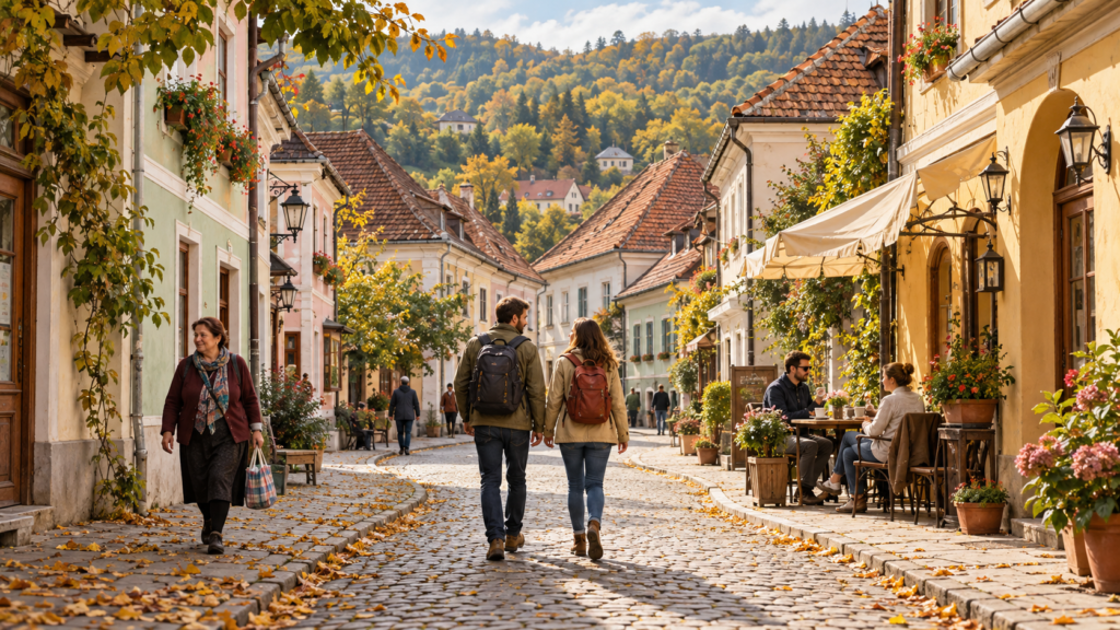 Autumn travel illustration for a guide to the best time to visit Romania