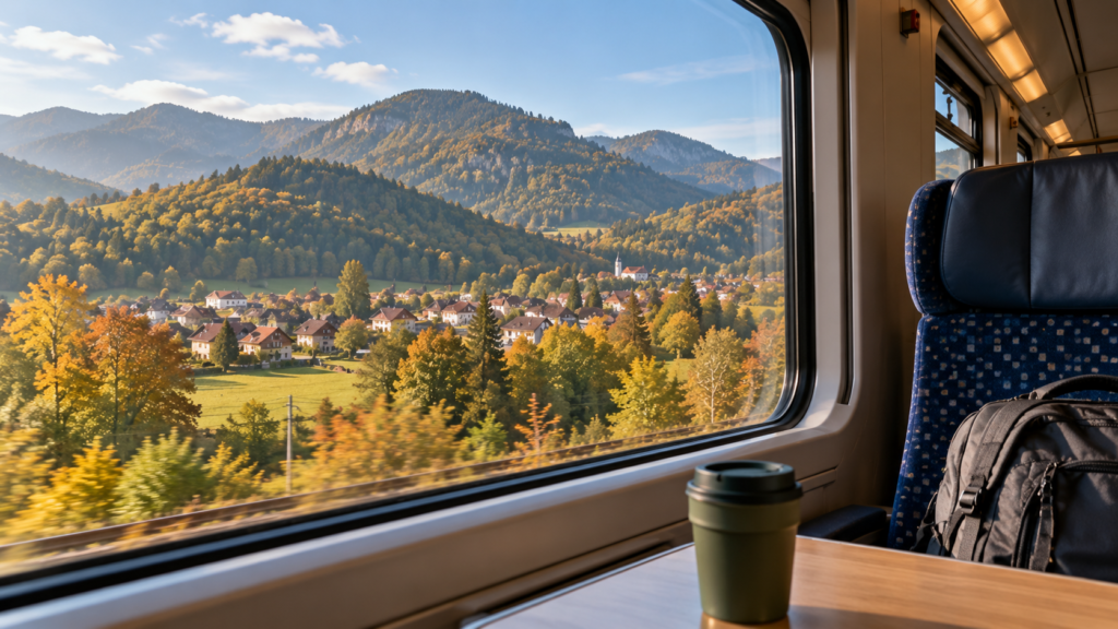 Illustration of a Bucharest to Brasov train journey through forested mountain foothills