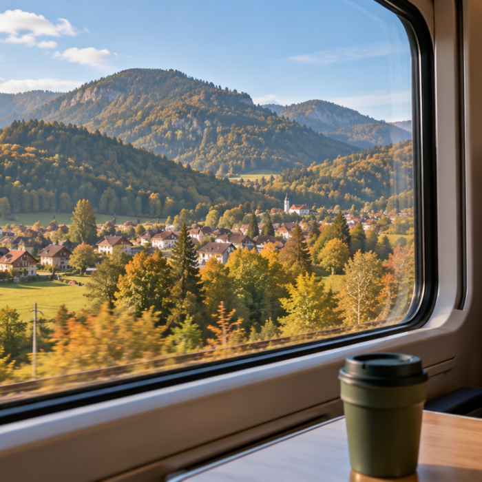 Illustration of a Bucharest to Brasov train journey through forested mountain foothills