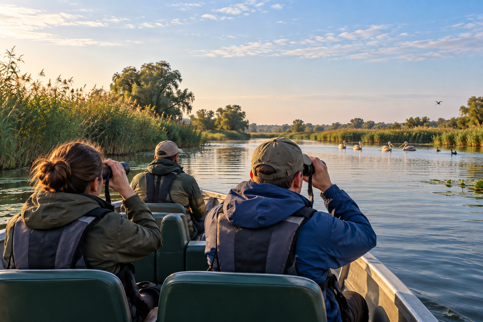 Illustration of travellers observing distant birds from a small boat in the Danube Delta