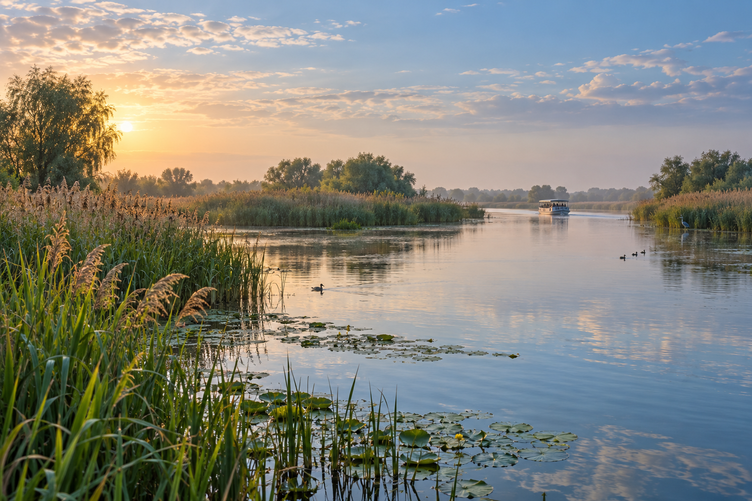 Illustration of a quiet waterway and reed beds in Romania’s Danube Delta.
