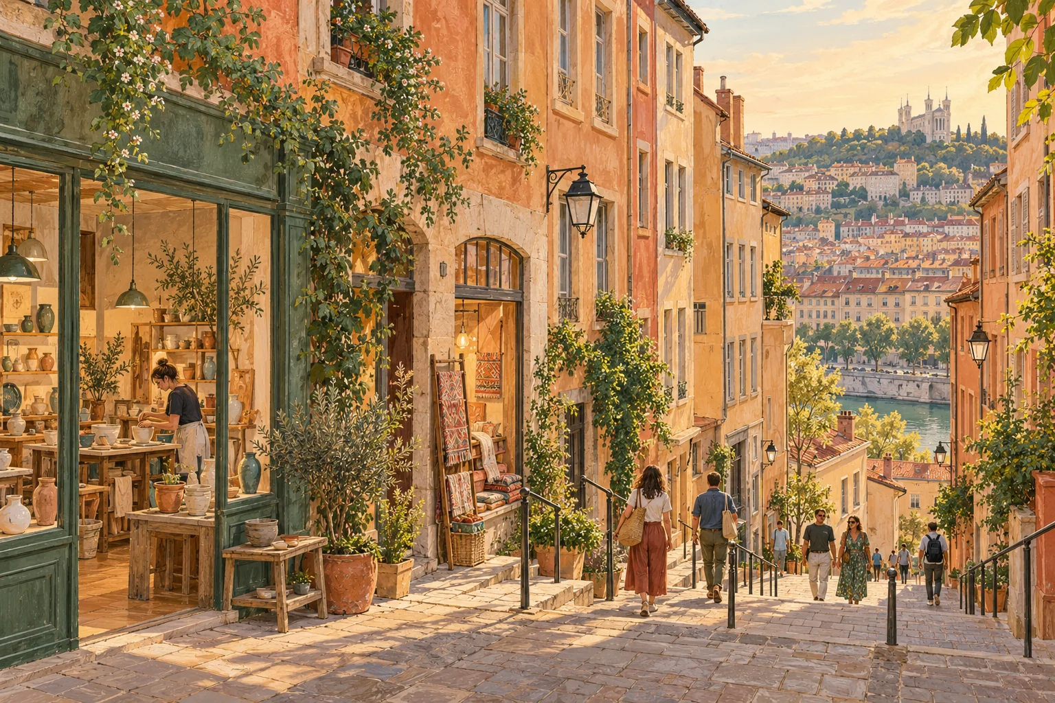 AI illustration of a Lyon-inspired hillside street with ceramics and textile workshops.