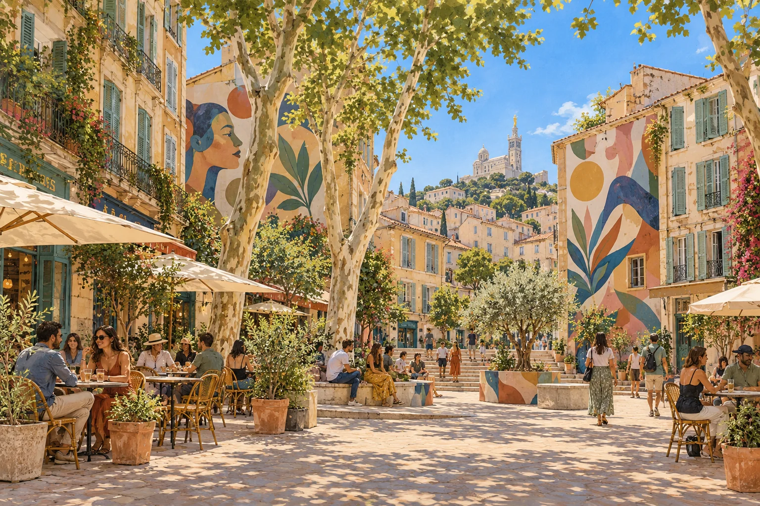AI illustration of a Marseille-inspired square with street art and cafe terraces.