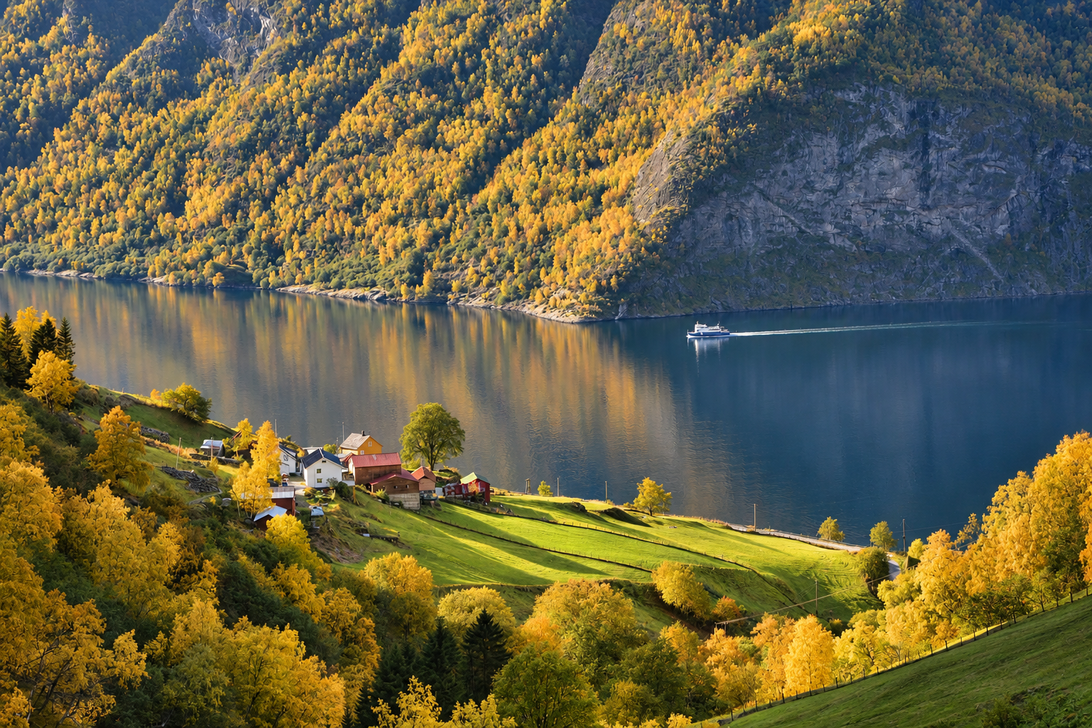 Autumn foliage beside a Norwegian fjord under soft cloudy skies