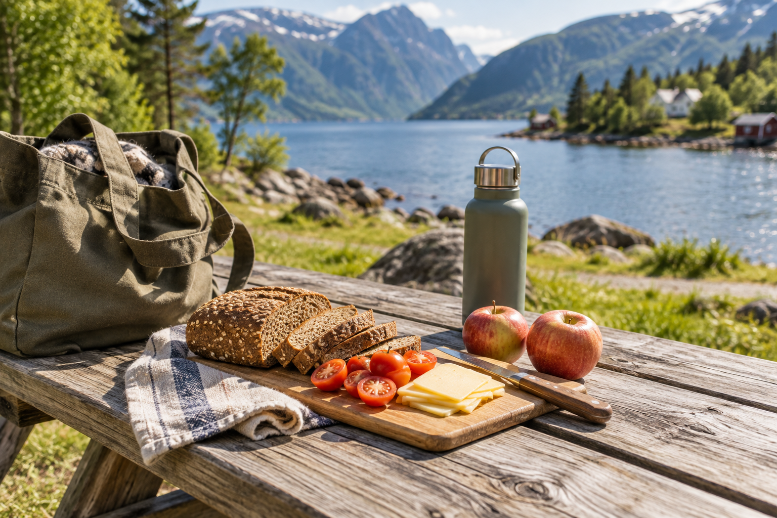 Supermarket lunch with bread, cheese, fruit and a reusable water bottle