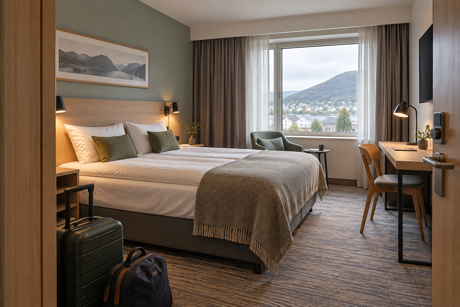 Simple double hotel room with a desk and luggage in Norway