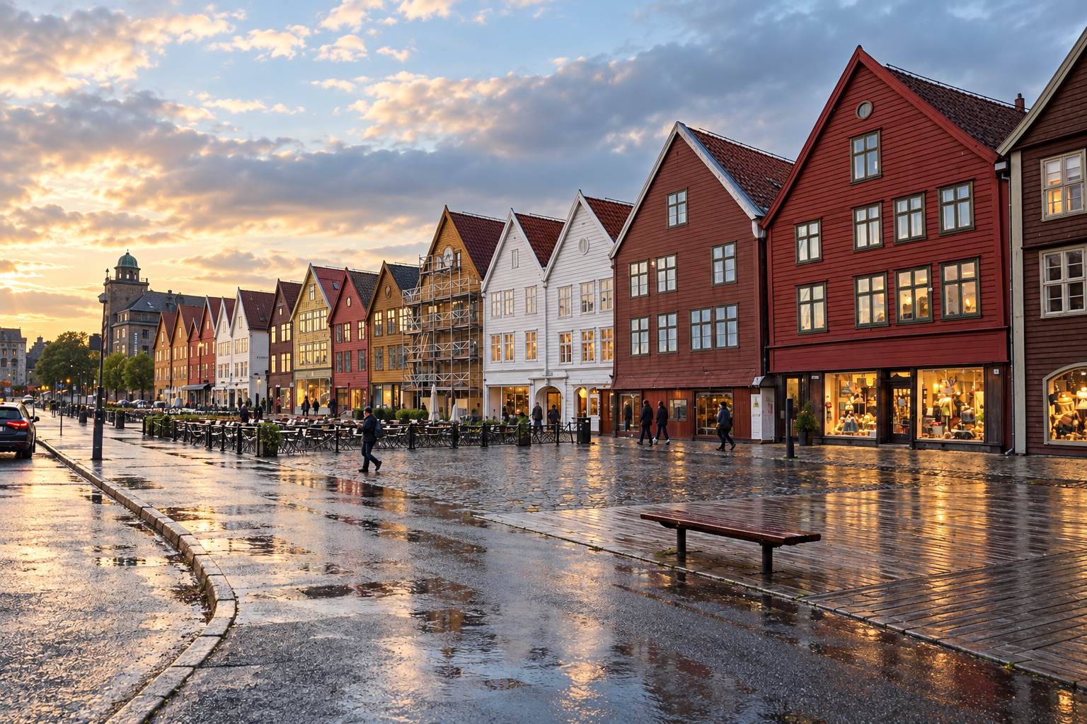 Historic wooden buildings at Bryggen beside Bergen harbour