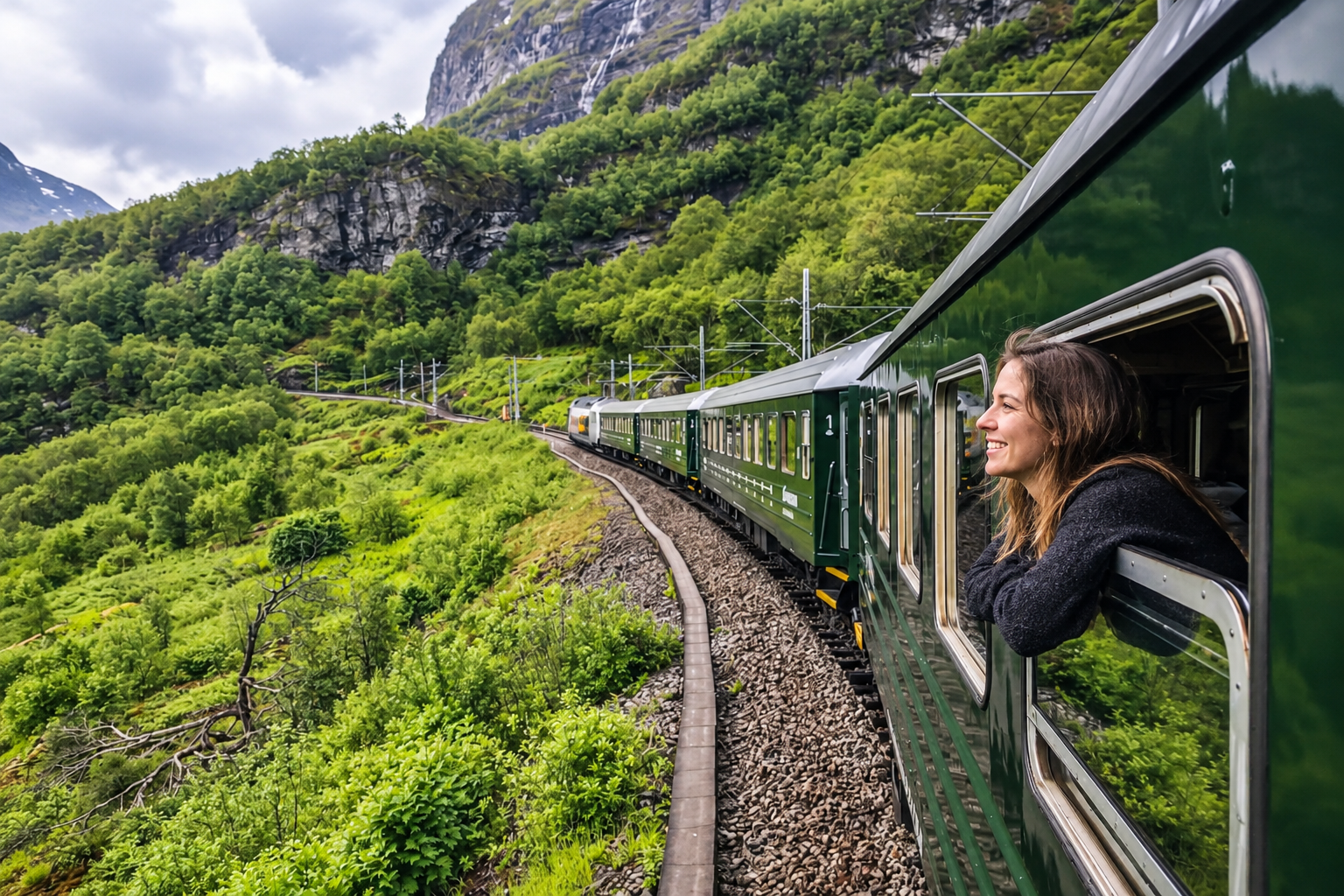 Flåm Railway train travelling through the Flåm valley