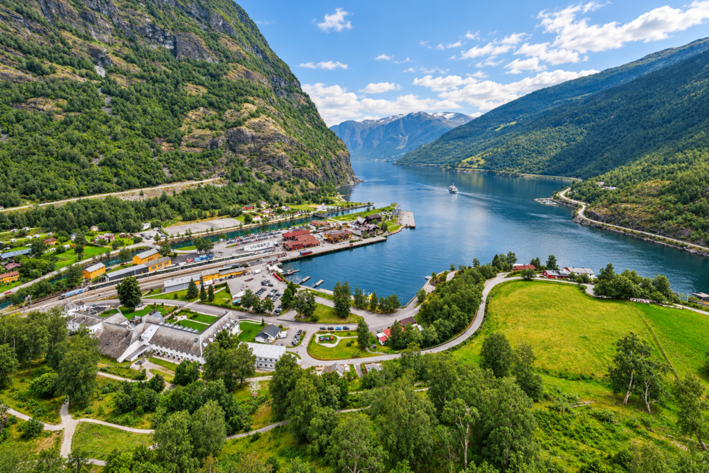 Flåm village beside Aurlandsfjord, a scenic stop on this Norway itinerary