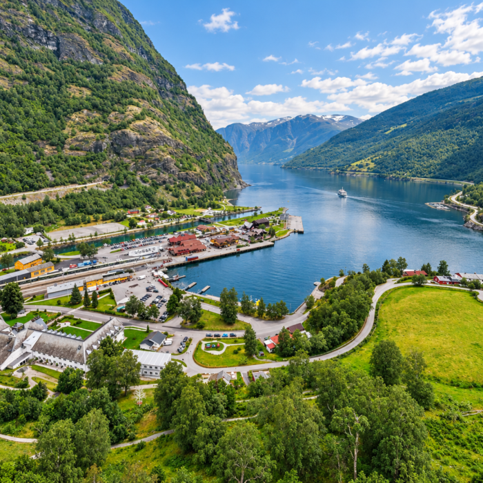Flåm village beside Aurlandsfjord, a scenic stop on this Norway itinerary