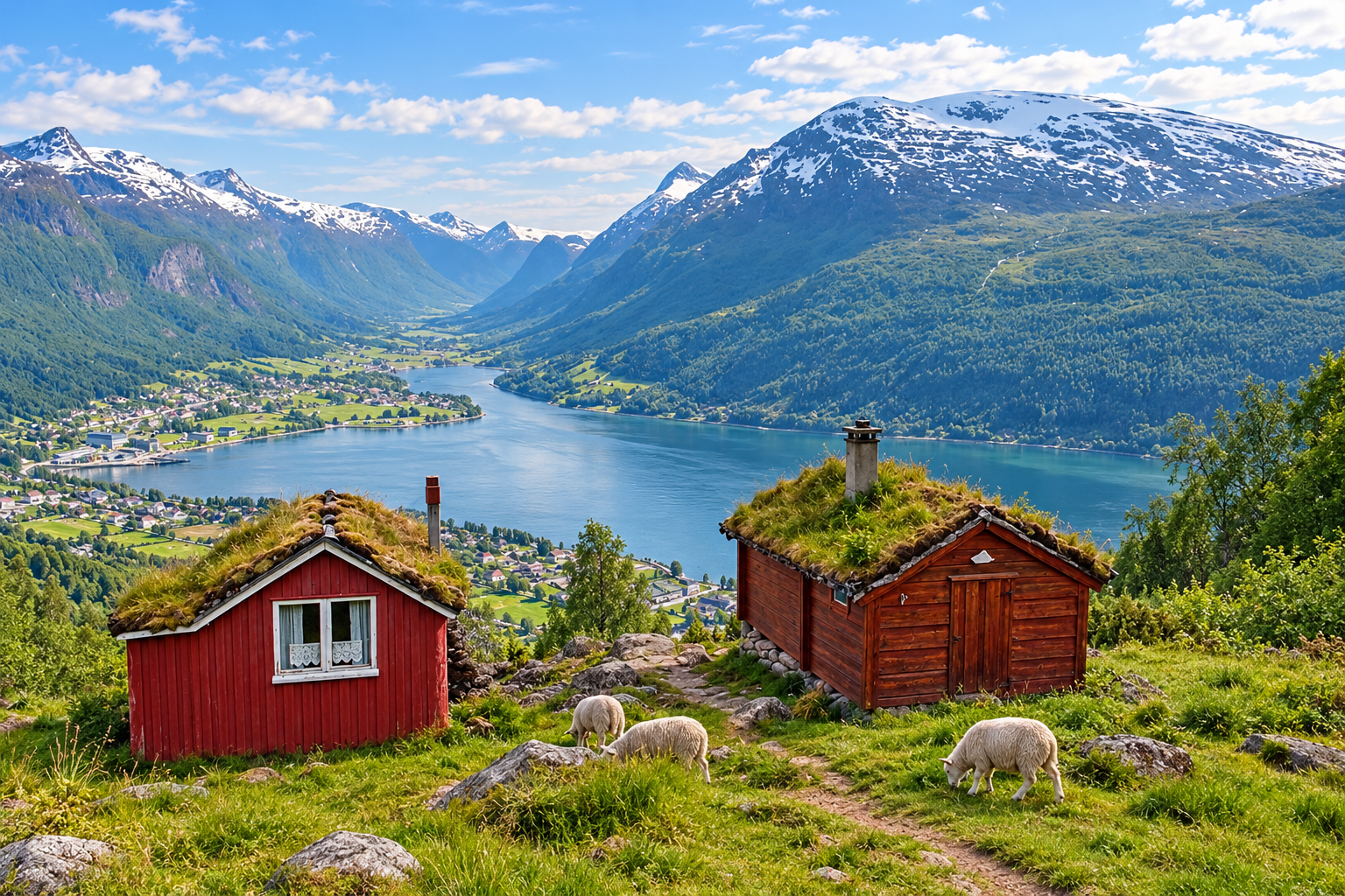 Loen village beside Nordfjord with mountains rising behind