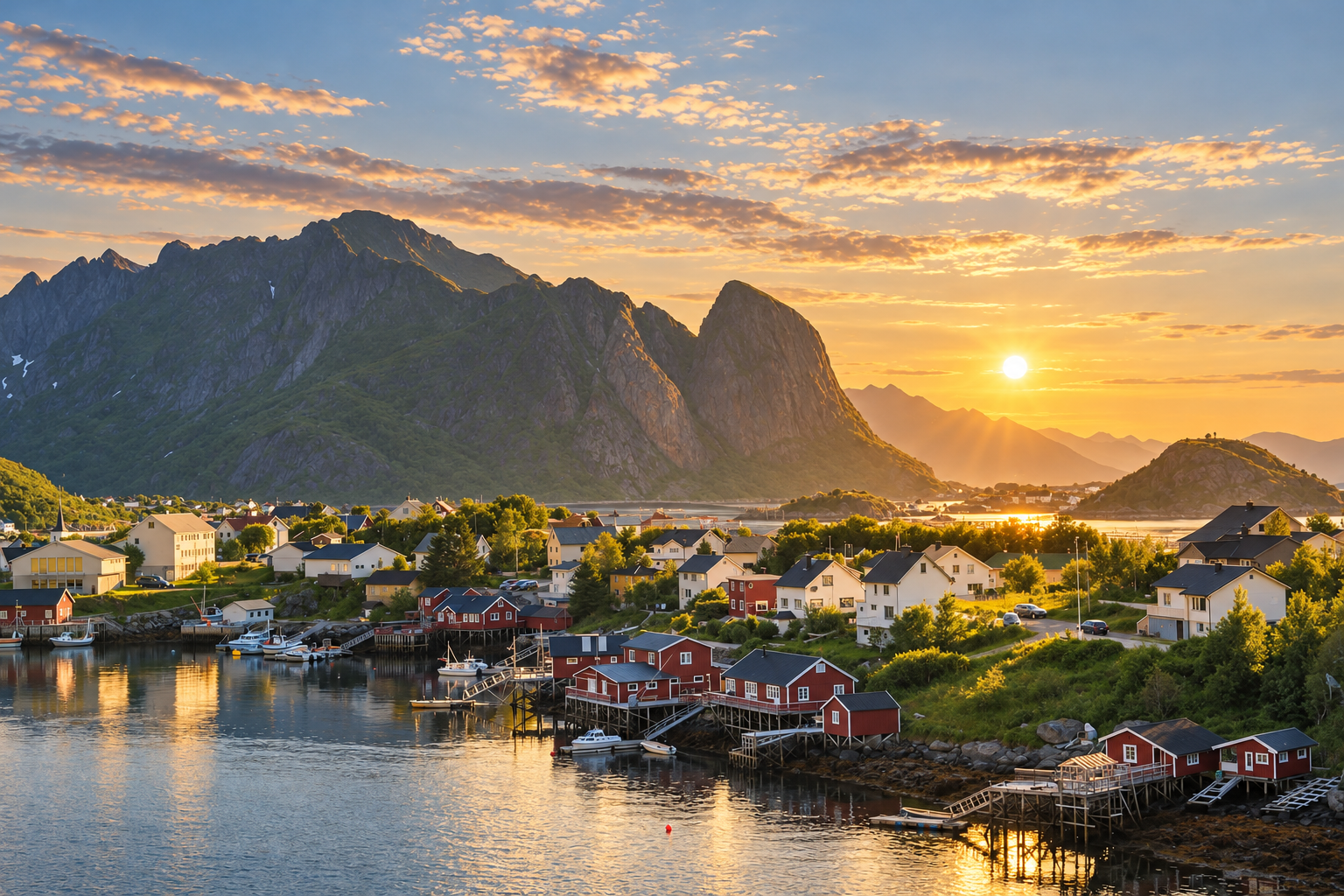Low midnight sun illuminating a coastal landscape in Northern Norway